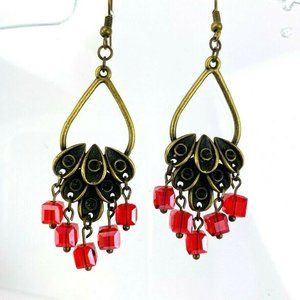 Cluster Crystal Drop Dangle Earrings Red Antique